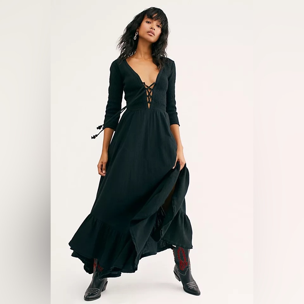 Free People Perfect Solution Lace Up Corset Deep Plunge Ruffle Smocked Maxi